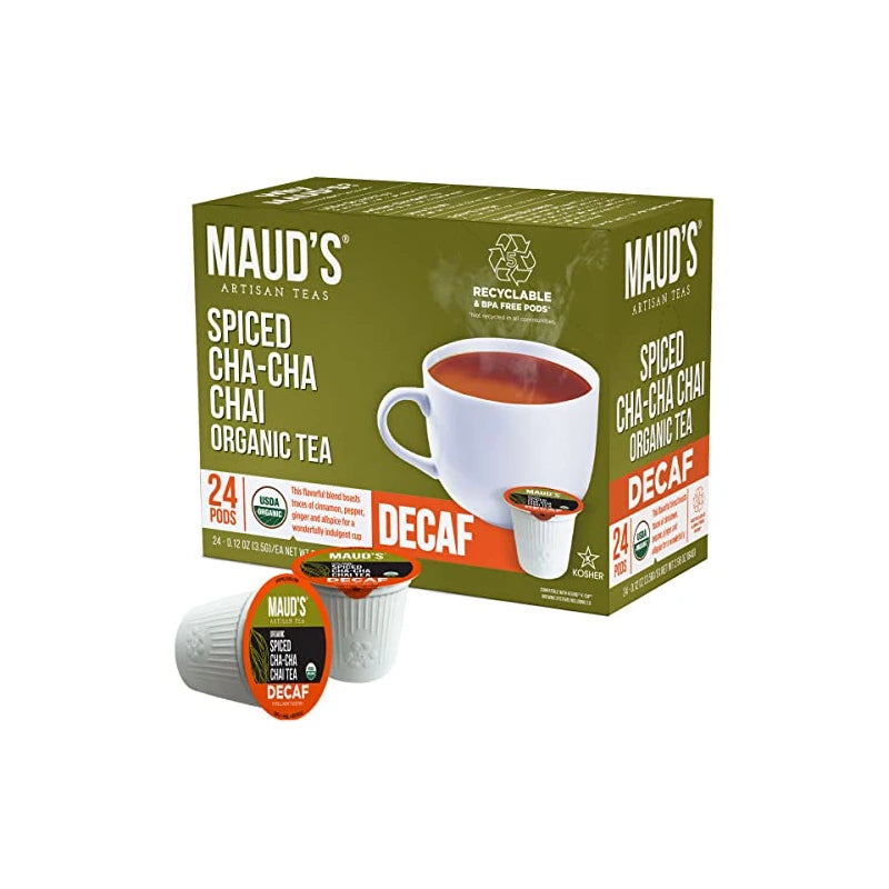 Maud's Organic Decaf Chai Tea (Spiced Cha-Cha Chai), 24ct. Solar Energy Produced Recyclable Single Serve Decaf Spiced Chai Tea Organic Black Tea Pods – 100% Organic Tea California Blend, KCup Compatible