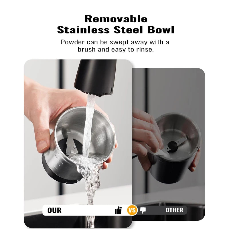 TWOMEOW Coffee Grinder, Adjustable Electric Grinder with Timing Knob, Coffee Bean Grinder and Spice Grinder with Removable Stainless Steel Bowl, Automatic Grinder for French Press and Espresso