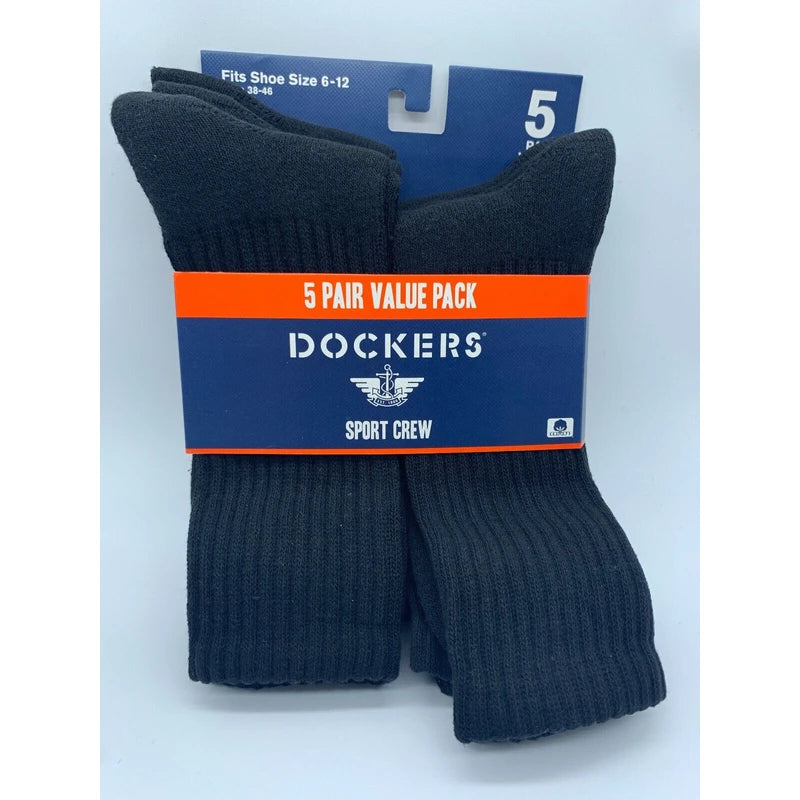 DOCKERS NEW 5 PAIR PACK DOCKERS SMART 360 FLEX MENS SPORT CREW SOCKS BLACK SIZE 6-12