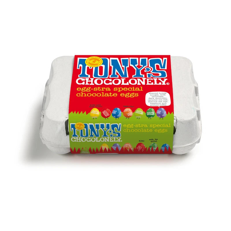 Tony's Chocolonely Easter Eggs Assortment - 12 Easter Eggs in Foil - Fairtrade Belgian Chocolate - Easter Gifts - Chocolate Box - Mini Eggs - Family Chocolate