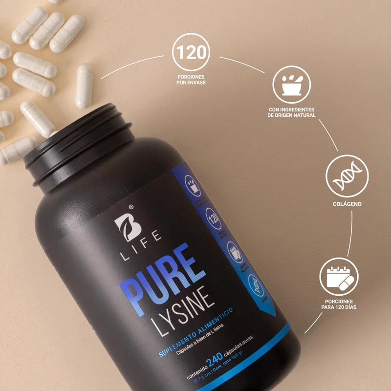 Lisina Pura de 240 cápsulas 14000 mg por porción. Aminoácido esencial. Ingredientes 100% Naturales. Pure Lysine B Life.