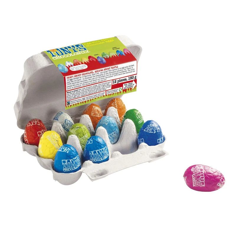 Tony's Chocolonely Easter Eggs Assortment - 12 Easter Eggs in Foil - Fairtrade Belgian Chocolate - Easter Gifts - Chocolate Box - Mini Eggs - Family Chocolate
