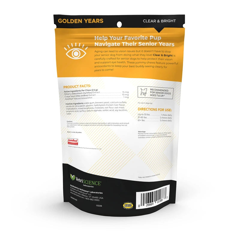 VETRISCIENCE Golden Years Clear and Bright Vision Support for Senior Dogs, Chicken Flavor, 60 Chews - Supports Cloudy and Teary Eyes and Ocular Blood Flow