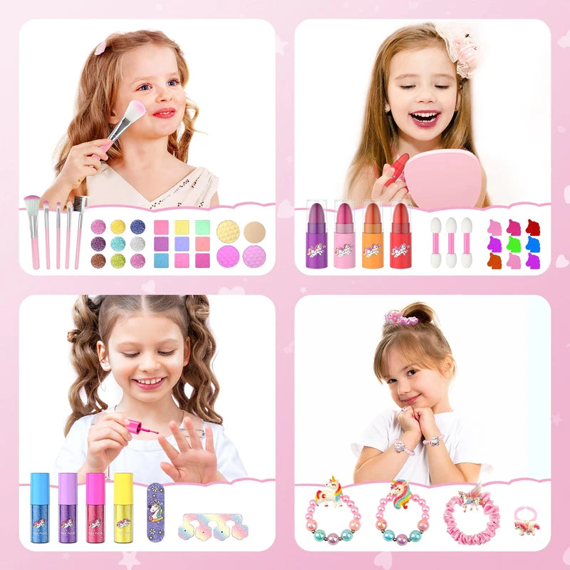 PERRYHOME Kids Makeup Set for Girl 63 Pcs Unicorn Toys for Girls, Real Washable Non-Toxic Cosmetic Toddler Make Up Kit, Unicorn Toys Princess Dress up Christmas & Birthday Girl Gifts for 3-12(Pink)