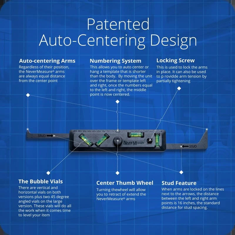 NeverMeasure 19 Inch Picture Hanging Tool with Level | Hang Pictures, Shelves, Collages and More | Picture Hanger Tool with Auto-Centering Arms