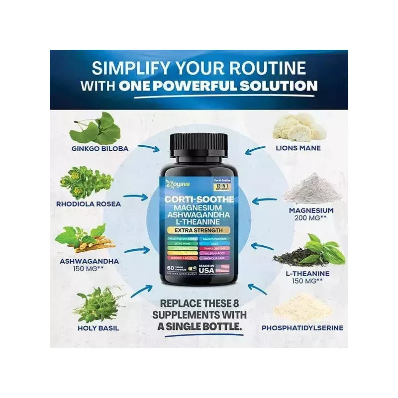 CORTI-SOOTHE Cortisol Support – Magnesium, Ashwagandha & L-Theanine for Natural Stress Relief, Relaxation & Adrenal Health