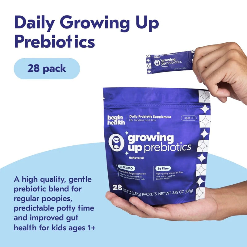 Begin Health Daily Growing Up Prebiotics 28-Pack - Kids Digestion Powder, for Constipation Prone Kiddos | Softens Stool for Easy Pooping | Fiber Rich w/Chicory Root, Tasteless & Textureless