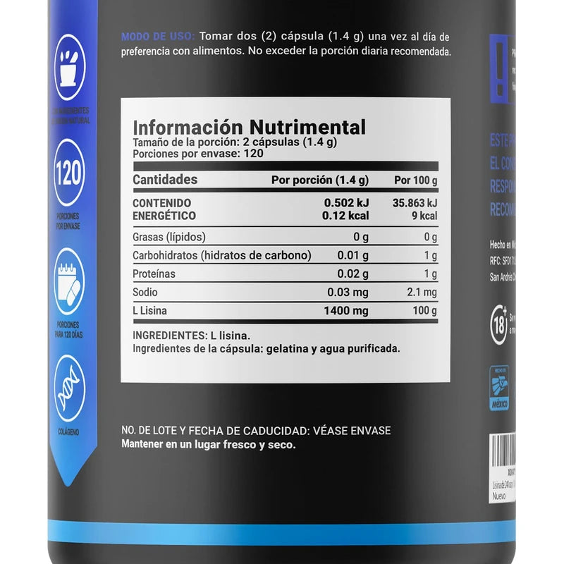Lisina Pura de 240 cápsulas 14000 mg por porción. Aminoácido esencial. Ingredientes 100% Naturales. Pure Lysine B Life.