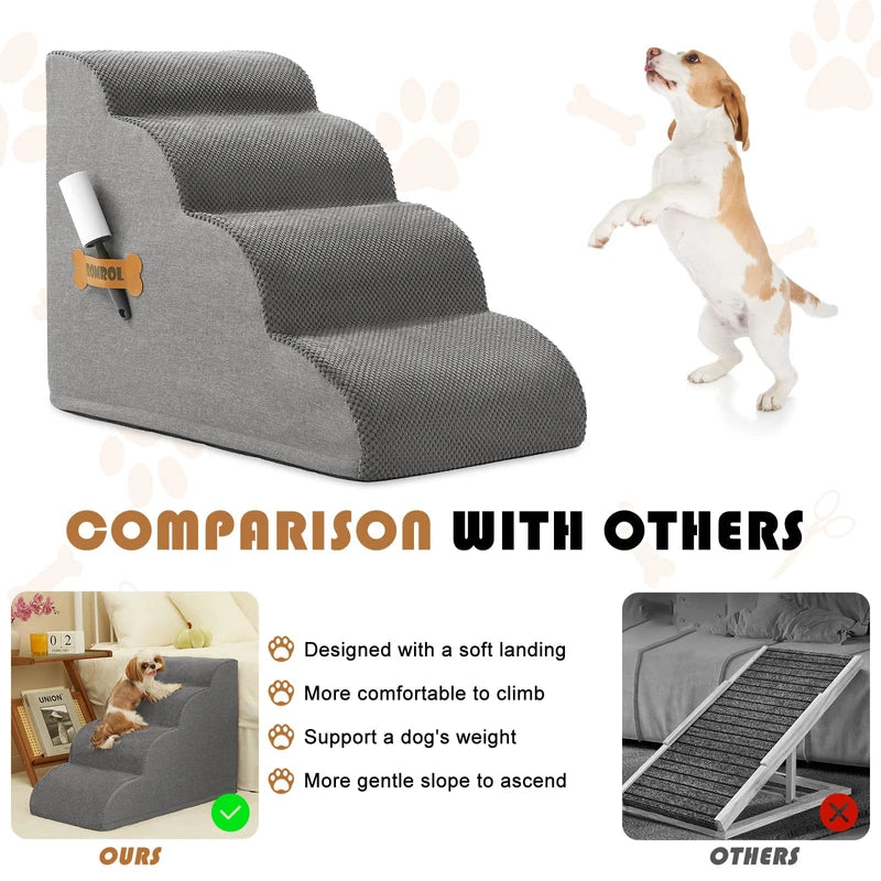 Dog Stairs, Romrol Dog Steps Ramp for High Bed and Couch, Dog Ramp with Durable Non-Slip Waterproof Fabric Cover, Pet Stairs for Small Dogs and Cats or Pets Joints, 4-Tiers,Grey