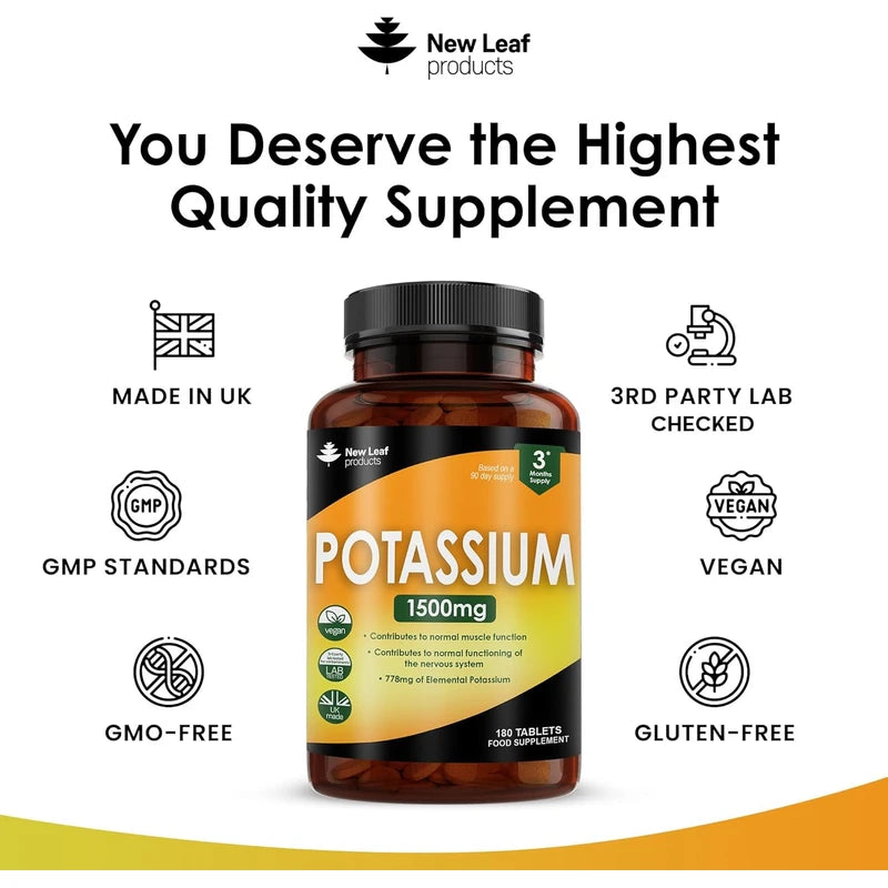 Potassium Supplements High Strength - 180 Vegan Potassium Tablets Mineral Electrolytes Supplement Contributes to Normal Muscle Function, Nervous System - Gluten-Free, Non-GMO, Made in UK by New Leaf