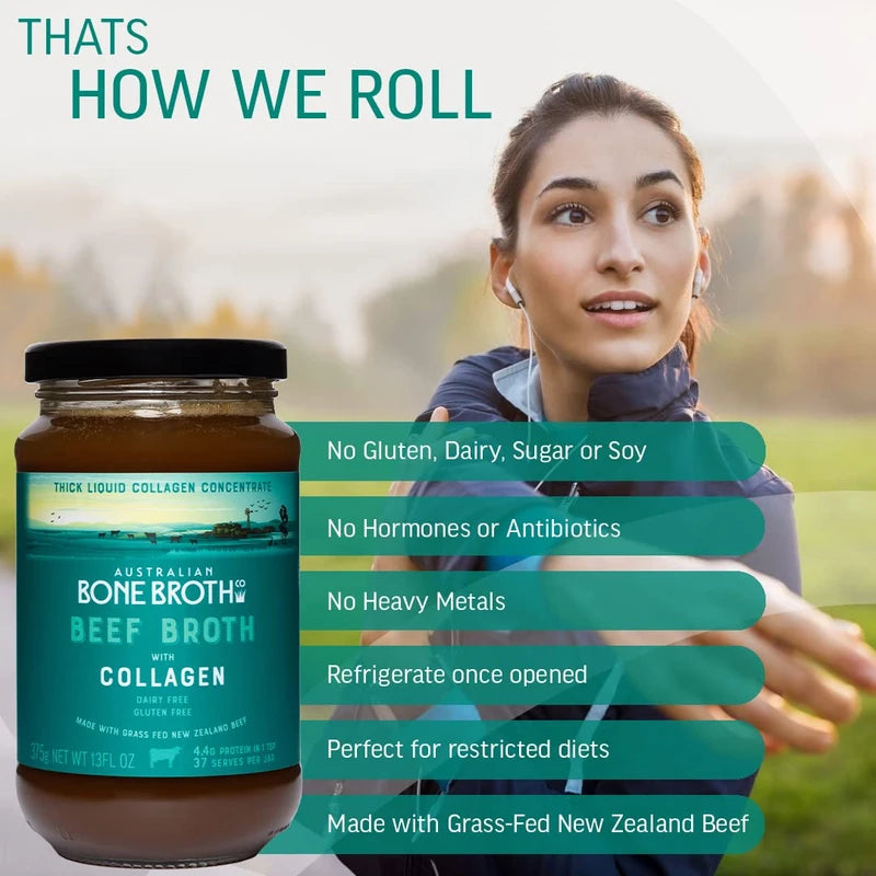 Beef Broth with Collagen Concentrate - Instant bone broth beverage boosted with grass-fed collagen. Halal Broth. Gluten Free, Preservative Free No spices or herbs. Halal Certified 375 gram Jar