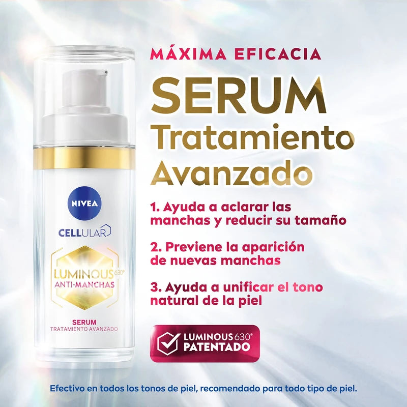 NIVEA Kit Anti-manchas Rutina Facial Completa Luminous 630 (4 piezas), Enriquecida con Ácido Hialurónico Serum facial + Fluido facial con Vitamina E y FPS50 + Contorno de Ojos Anti-ojeras + Crema de Noche Reparadora