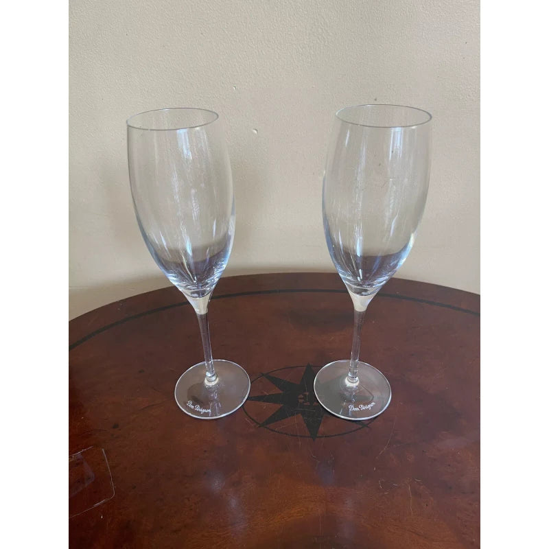 Dom Perignon Signed DOM PERIGNON Crystal Etched SHIELD LOGO 9 1/8" CHAMPAGNE FLUTES Set Of 2