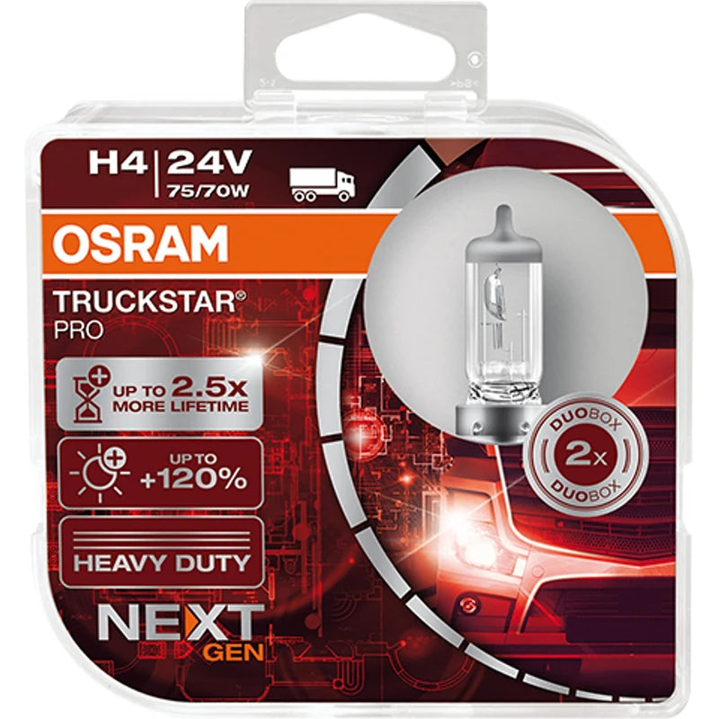 OSRAM TRUCKSTAR PRO H4, +120% more brightness, halogen headlight lamp, 64196TSP-HCB, 24V truck lamp, duo box (2 lamps)