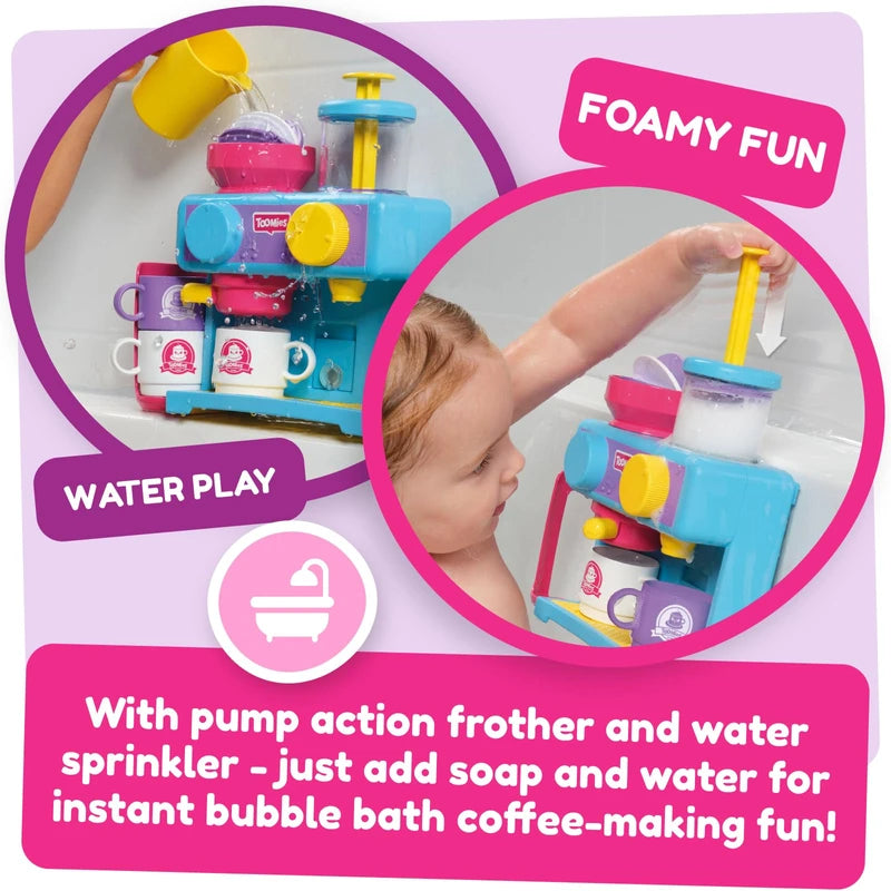 TOMY Toomies Bath Barista - Pretend Cafe Baby Bath Toys - Wall Mounted Bubble Bath Play Kitchen Toddler Toys - Kids Kitchen Set Includes 3 Cups, 1 Jug, 1 Shaker - +18 Months Boys Toys & Girls Toys