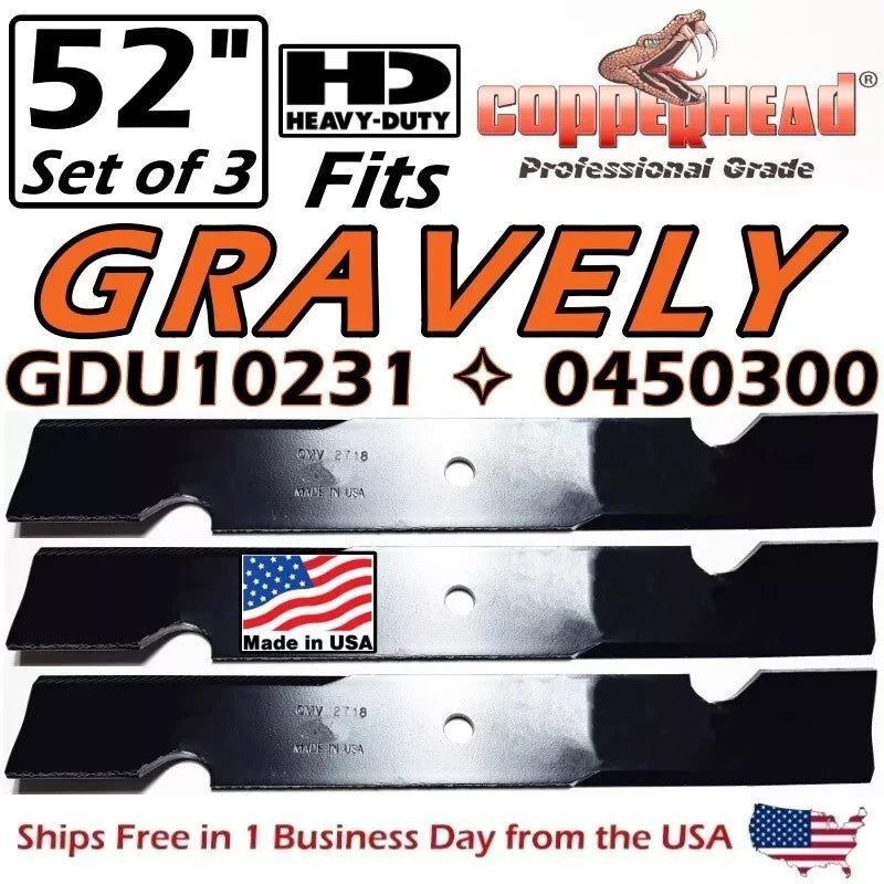 For Gravely COPPERHEAD 3-PACK 52" HD GRAVELY HIGH LIFT BLADES GDU10231, 0450300 -MADE IN USA