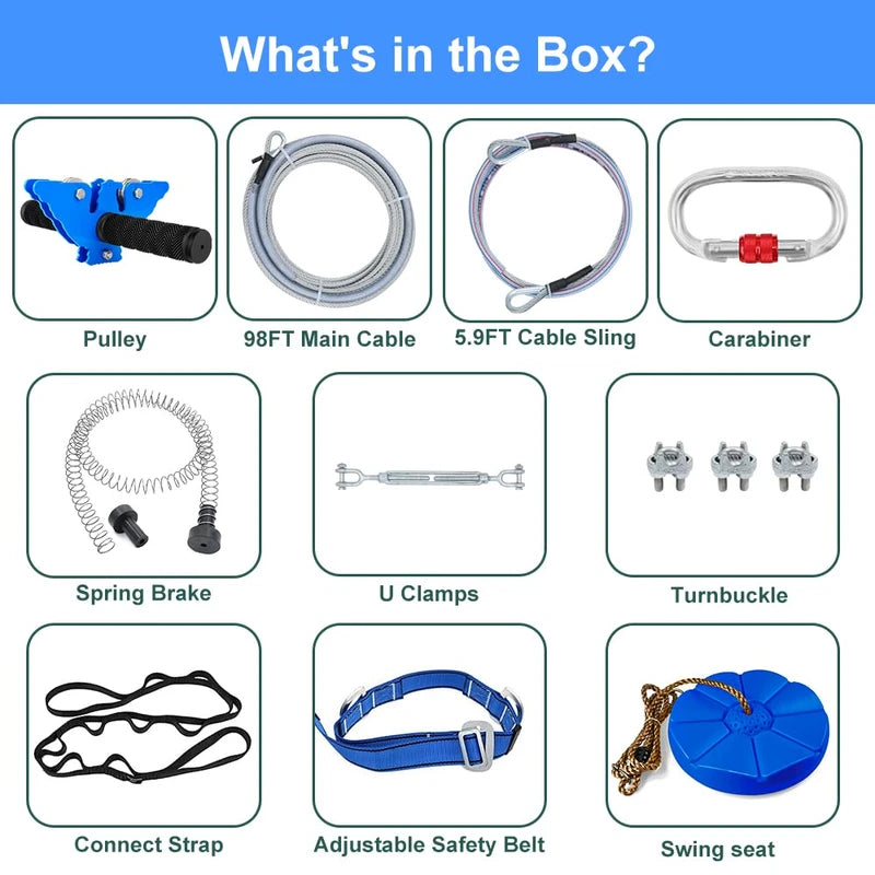 X XBEN 200FT Zip line Kits for Backyard, Zip Lines for Boys, Kids, Included Swing Seat, Ziplines Brake, and Steel Trolley, Outdoor Playground Equipment