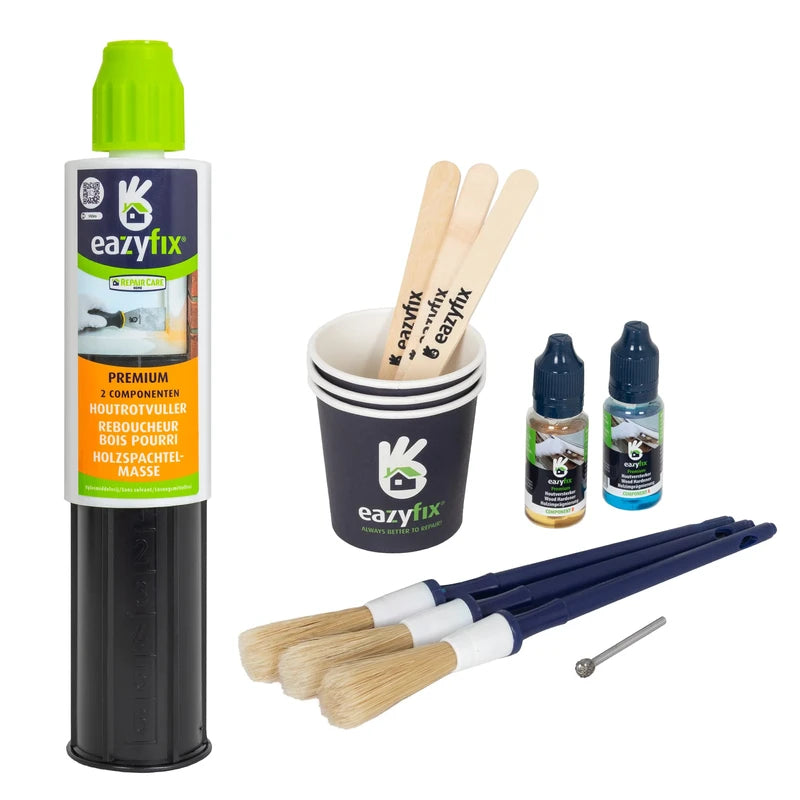 EAZYFIX® - Premium Wood Filler Repair Kit - Wood Rot Standard Set, Filler - 1x Wood Filler, 1x Wood Impregnation, 1x Wood Rot Cutter, 3x Mixing Cups, Disposable Brushes and Wooden Sticks