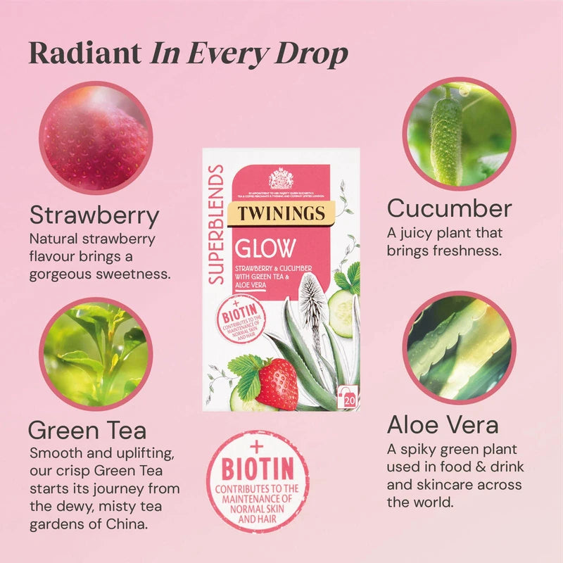 Twinings Superblends Glow Tea - Strawberry & Cucumber Green Tea with Aloe Vera & Biotin for Skincare & Hair Care, 80 x Biodegradable Tea Bags