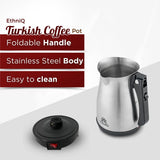 ETHNIQ Turkish Coffee Pot - Stainless Steel, 120V, 1 to 4 Cup Capacity, Fast Brewing, Delicious Cup of Turkish, Arabic & Greek Coffee Maker with Foldable Handle for Home & Travel & on-off Button