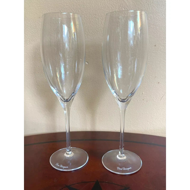 Dom Perignon Signed DOM PERIGNON Crystal Etched SHIELD LOGO 9 1/8" CHAMPAGNE FLUTES Set Of 2