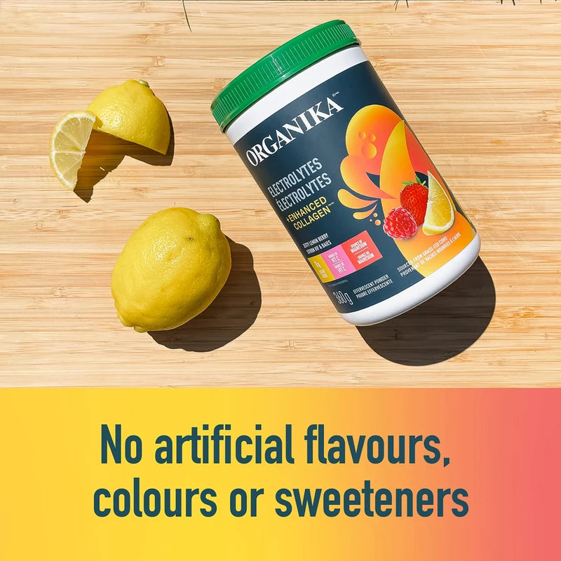Organika Organika Canadian-Made Electrolytes + Enhanced Collagen - Zesty Lemon Berry Flavour - Sugar-Free Hydration | 5g Protein + 100% of Daily Vitamin C | 360g, 30 Servings