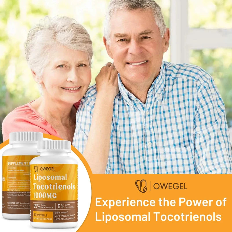 owegel Liposomal Tocotrienols 1000mg - High Bioavailability Vitamin E Tocotrienols Supplements,95% Delta & 5% Gamma Tocotrienol Capsules Support Cardiovascular,Skin,Bone,Antioxidant,60 Softgels
