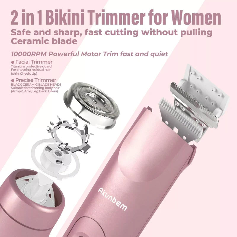 Akunbem 2 in 1 Women Electric Shaver Dual Head Bikini Trimmer for Women IPX7 ...