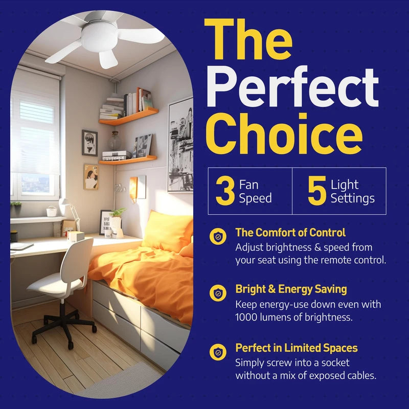 Wunder Cool Socket Fan Light, Small Ceiling Fans with Lights & Remote, E26 Base Screw in Ceiling Fan in Light Socket Fan Light Bulb with 5 Light Modes & 3 Fan Speed Levels