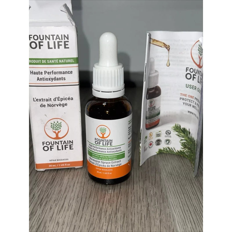 Fountain Of Life Antioxidant Spruce Extract 1 Fl Oz Sealed Damaged Box