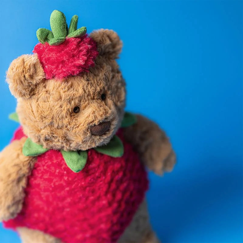 Bartholomew Bear Strawberry - Plush Bear with Removable Strawberry Costume, Green Suedette Collar & Perky Hat - Perfect Summer Companion for Snuggles and Fun!