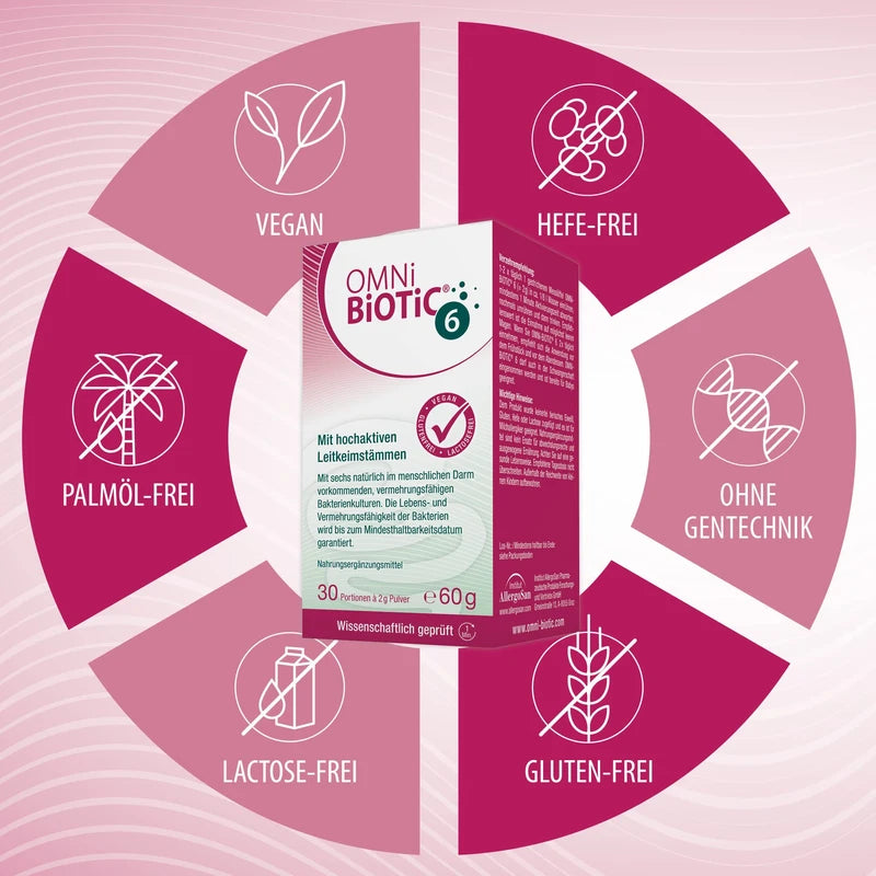 OMNi BiOTiC 6 | Glass | 30 Servings (60g) | 6 Bacterial Strains | 4 Billion Germs per Daily Dose | Powder | With Inulin | Vegan | Gluten Free | Lactose Free | For Daily Use