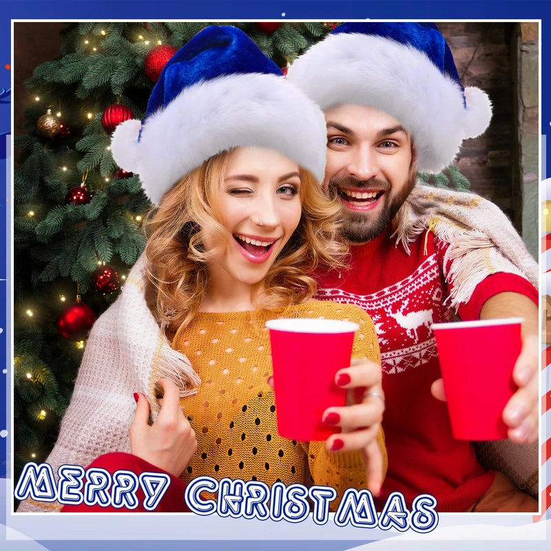 Vicenpal 50 Pcs Santa Hat Bulk Christmas Hat Plush Velvet Party Hat for Men Women Christmas Party Decoration and Supplies(Blue)
