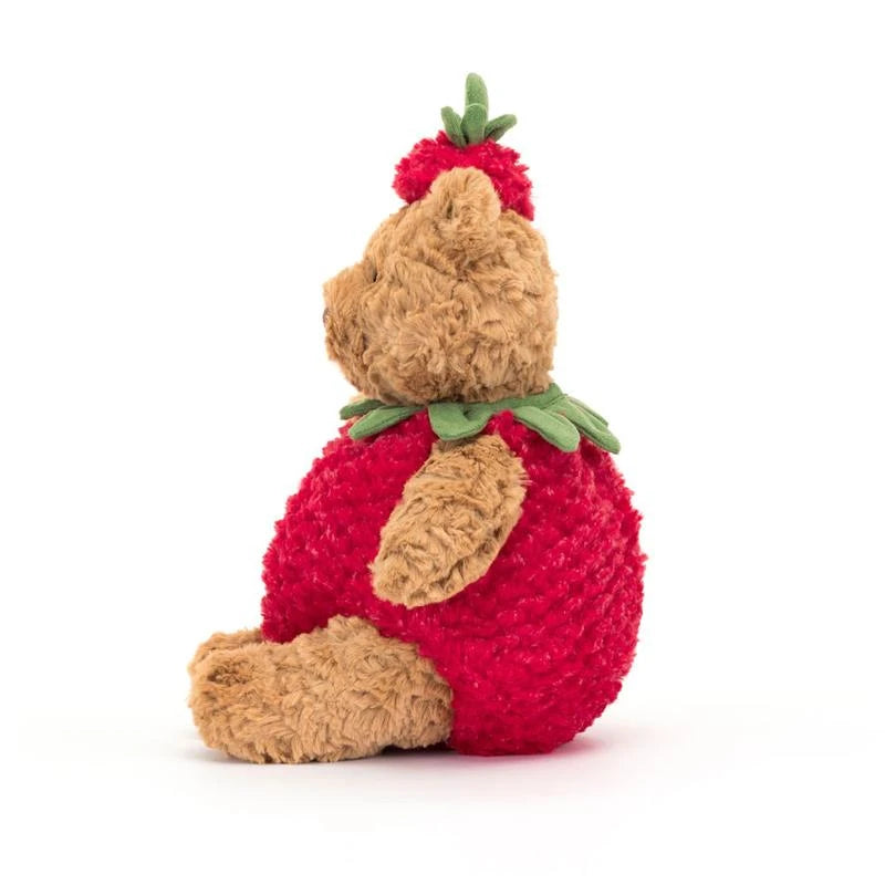 Bartholomew Bear Strawberry - Plush Bear with Removable Strawberry Costume, Green Suedette Collar & Perky Hat - Perfect Summer Companion for Snuggles and Fun!