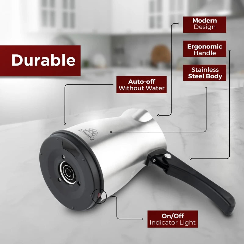 ETHNIQ Turkish Coffee Pot - Stainless Steel, 120V, 1 to 4 Cup Capacity, Fast Brewing, Delicious Cup of Turkish, Arabic & Greek Coffee Maker with Foldable Handle for Home & Travel & on-off Button