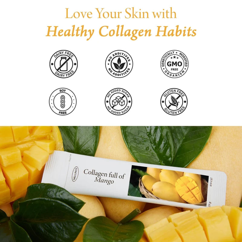 WELLINUS Collagen Full of Mango, Jelly Stick, Marine Collagen, Fast Absorbing, Snack, Ultra-Low Weight Molecular Marine Collagen, HACCP Certified, 22.05 oz/Pack of 25