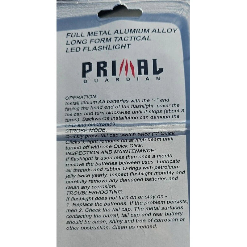 Primal Guardian Tactical Flashlight Hi Power IPX6 Waterproof Multi Light Modes Protection 14"