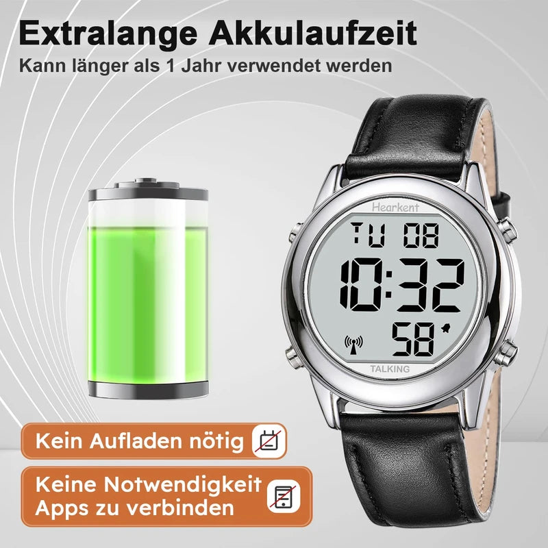 Hearkent Talking Clock Visually Impaired Radio-Controlled Clock German Voice LCD Large Number Easy to Read Senior Watch for Seniors Blind Clock, black, Strap.