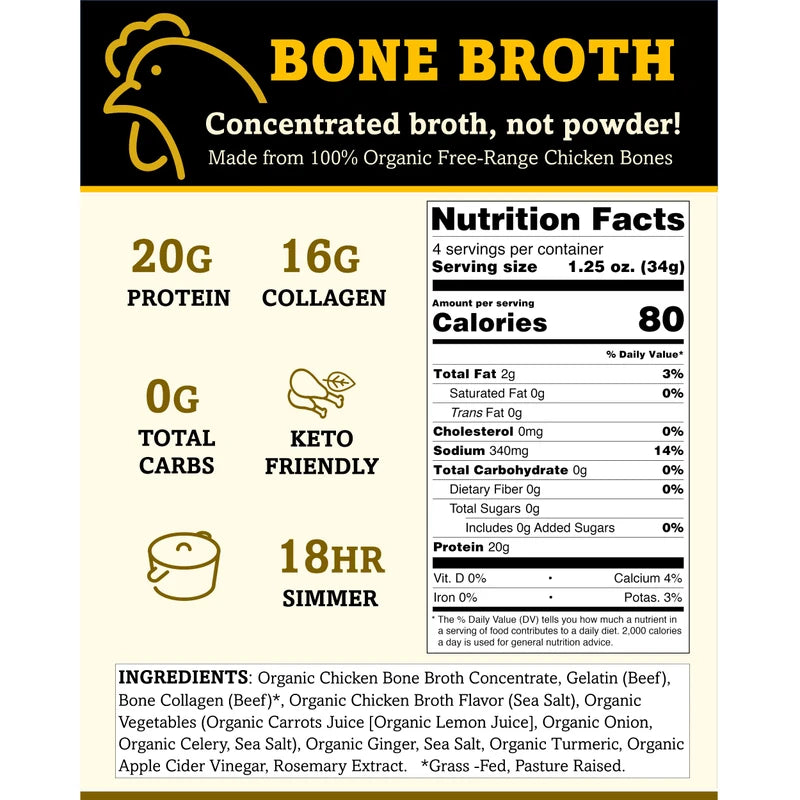 Brite Start Bone Broth - Chicken + Ginger & Turmeric - 4 Count - Keto Friendly Concentrate with 16g Collagen, 20g Paleo Protein - Made from Free Range Chicken Bones - Single Serve Packets