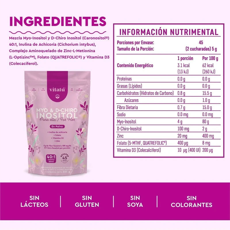 Vitatú | Myo Inositol & D-Chiro Inositol mezcla ideal 40:1 con Folato + Vitamina D3 + Zinc, Suplemento Alimenticio en polvo para Mujeres (225 g c/u), 45 días de duración