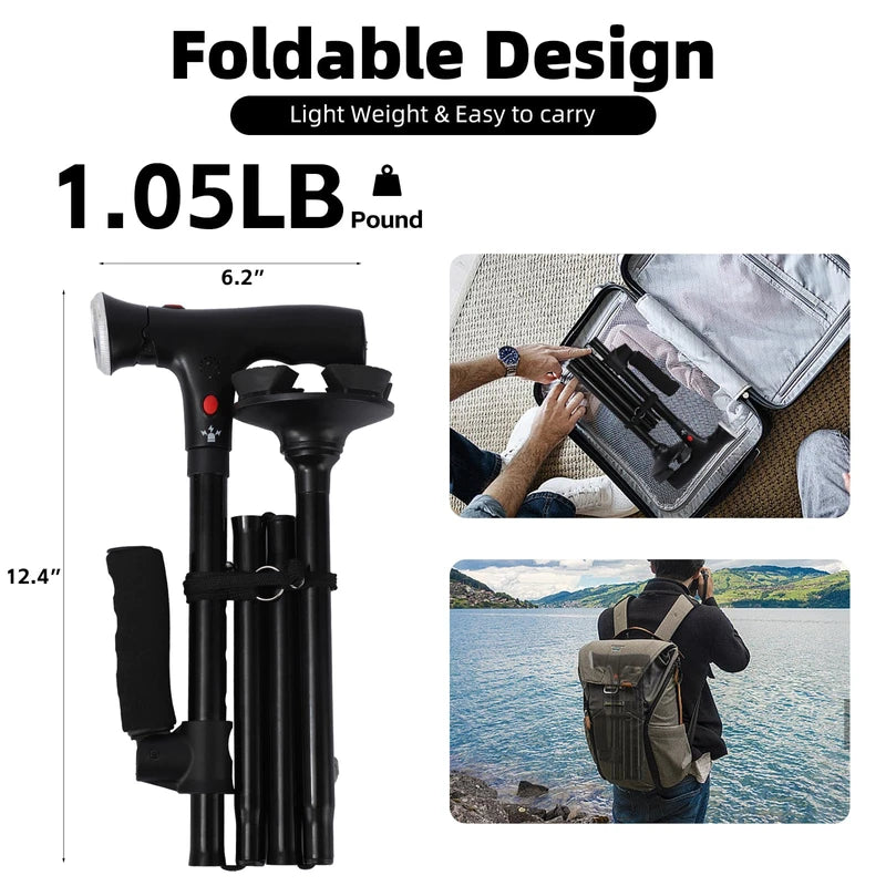 Folding Cane With Led Light And Alarm, With Side Handle, Folding, Adjustable Cane Suitable For Arthritis Disabled And Elderly, Cane With Cushioned T Handle And Swivel Four Pedestal, WalkingCanes,Black
