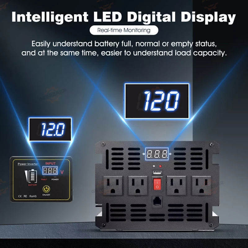 Gearzaar Power Inverter 2000W 4000W 12V DC to 110V 120V AC LCD Car Boat RV USA P