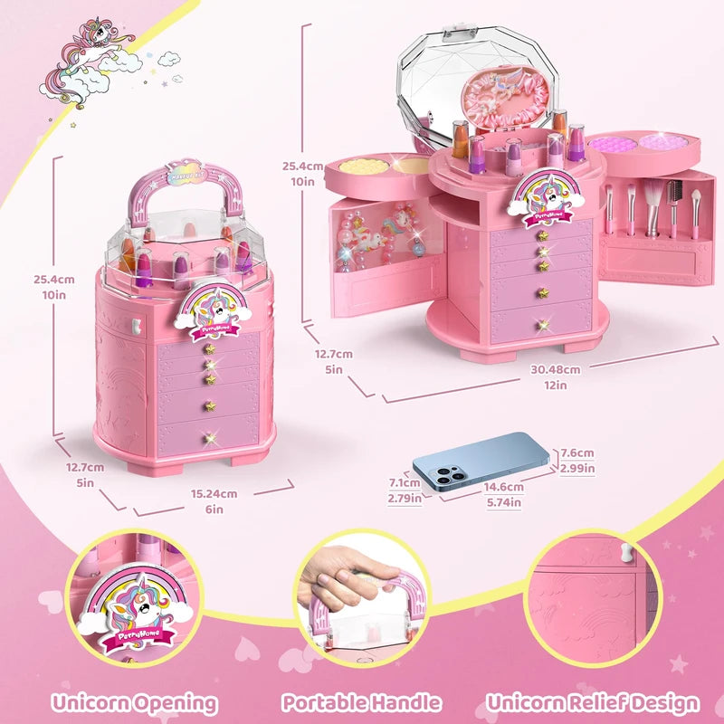 PERRYHOME Kids Makeup Set for Girl 63 Pcs Unicorn Toys for Girls, Real Washable Non-Toxic Cosmetic Toddler Make Up Kit, Unicorn Toys Princess Dress up Christmas & Birthday Girl Gifts for 3-12(Pink)