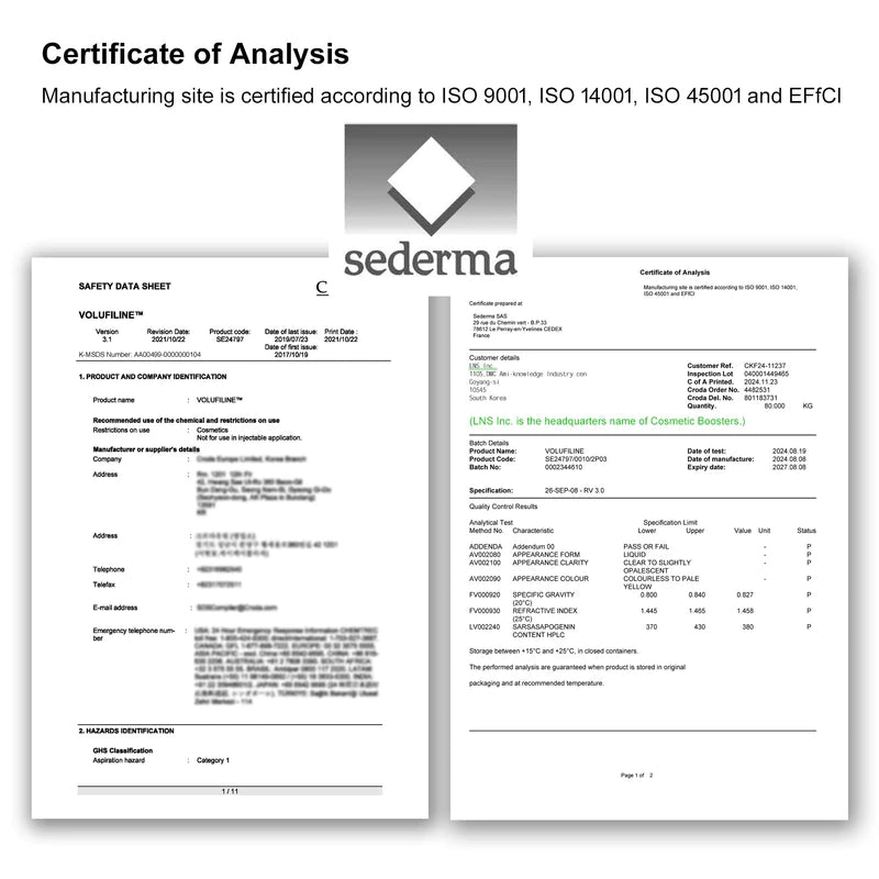 COSMETIC BOOSTERS [ Volufiline 10ml ] Cosmetic Ingredient - 100% Volufiline 10ml(0.34 fl. oz) France SEDERMA | Cosmetic Grade | For face and body Improve Skin Elasticity, Wrinkle Improvement