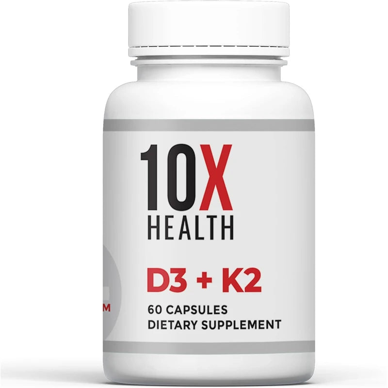 Vitamin D3 K2, 10X Health Vitamin D3 K2 - Loaded with 125 mcg Vitamin D and 90 mcg Vitamin K (Menaquinone 7) - D3 and K2 Supplements That Support Bone Health, Heart and Teeth - 60 Capsules