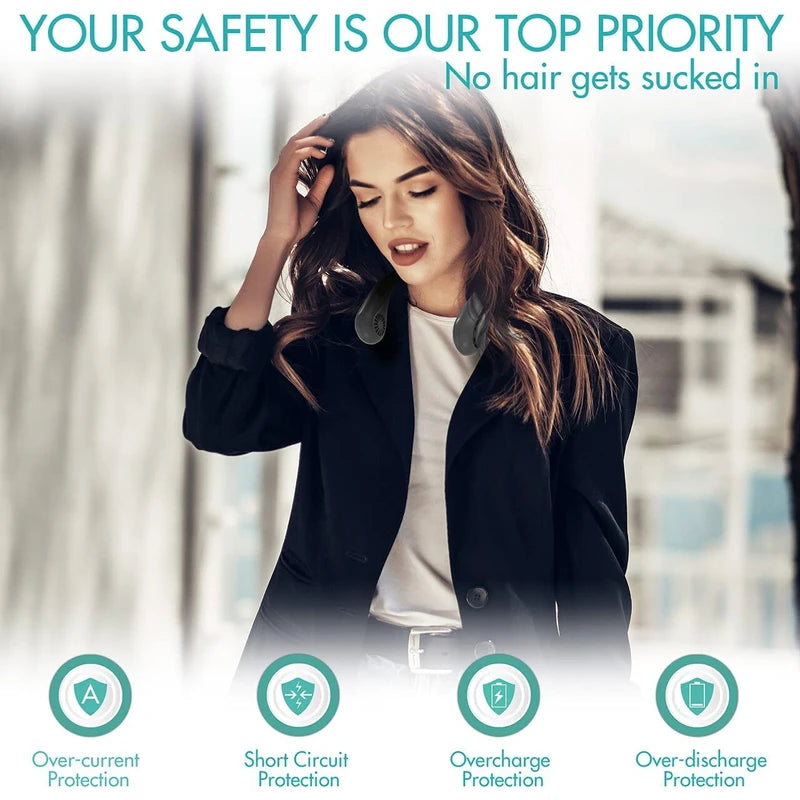 Bladeless Neck Fan, 5000mAh Rechargeable Battery Powered, 3 Speeds, Angle Adjustable, Hand-free Portable Neck Fan for Both Outdoor & Indoor Use, UL Certified, Black