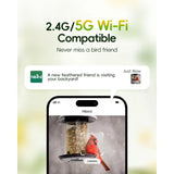 4K HD Bird Feeder with Camera Solar Powered, 2.4G/5G Dual WiFi Wireless, Auto Bird Video Capture, Instant Notifications, 360°Adjustable Bracket & 32GB EMMC, AI Identify 10000+ Species for Bird Lover