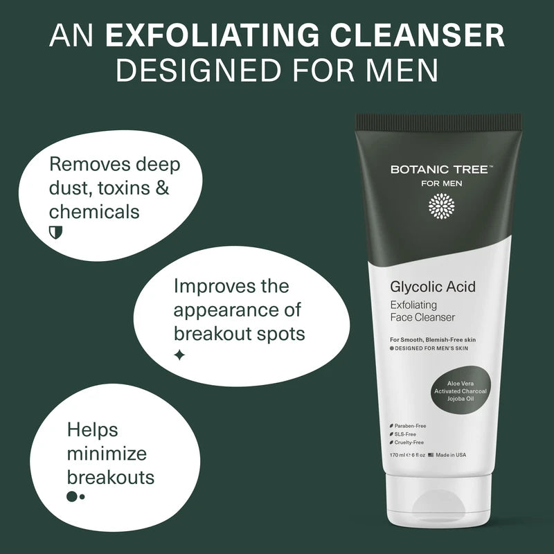 Botanic Tree Men's Face Wash with Glycolic Acid & Activated Charcoal (6oz.) - Deep Cleaning and Energizing Facial Exfoliating Cleanser…