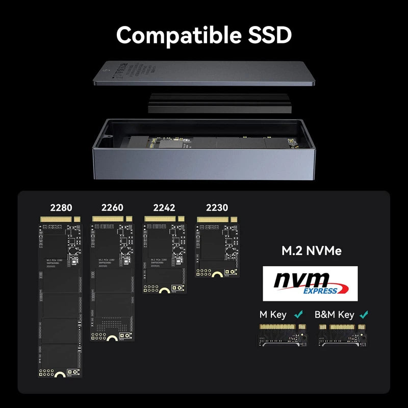 Yottamaster Aluminum M.2 NVME SSD Enclosure Adapter, 10Gbps USB 3.2 Type C to PCIe NVMe M-Key/M+B Key 2230/2242/2260/2280 SSD External Enclosure Support UASP Trim [TR-10G-SV]