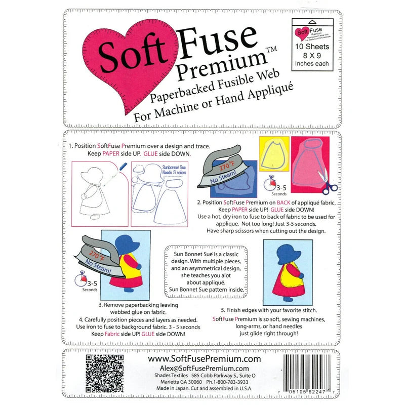Shades Textiles SOFT FUSE PREMIUM Paperbacked Fusible Web for Applique ~ 8 x 9 Each ~ 10 Sheets